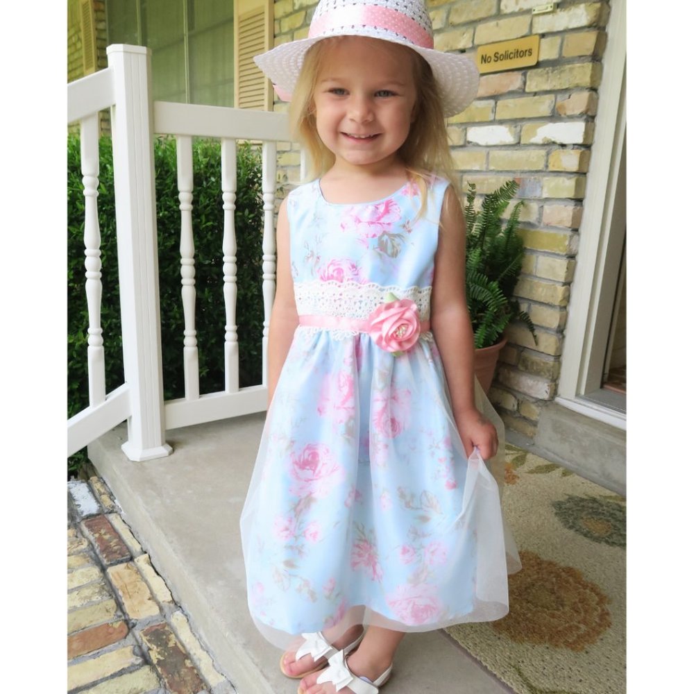 Girls Floral Easter Dress by Sorbet, Size 4, Baby Blue Pink and Green